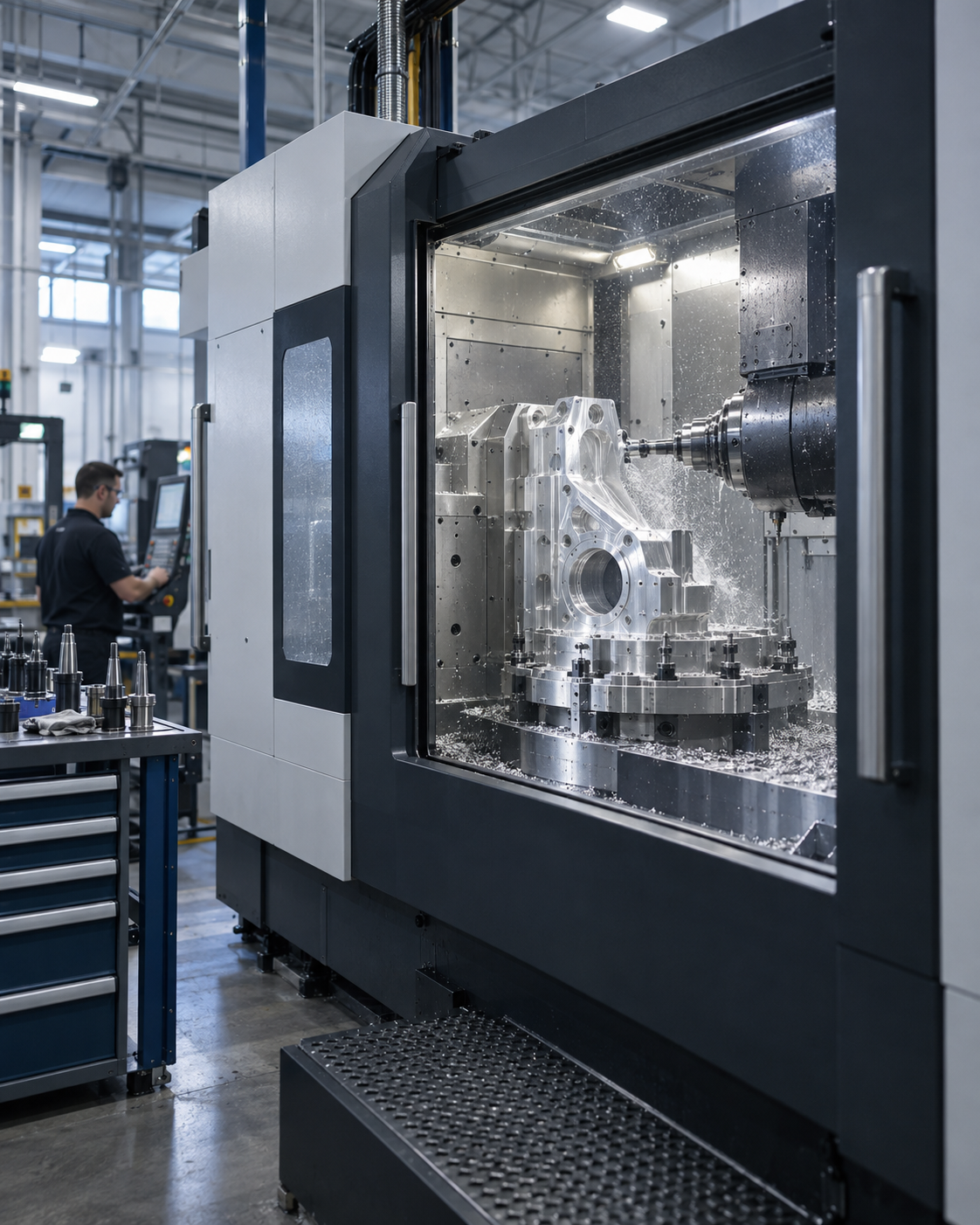 Concept rendering of an advanced CNC machining centre cutting an anonymous aluminum component