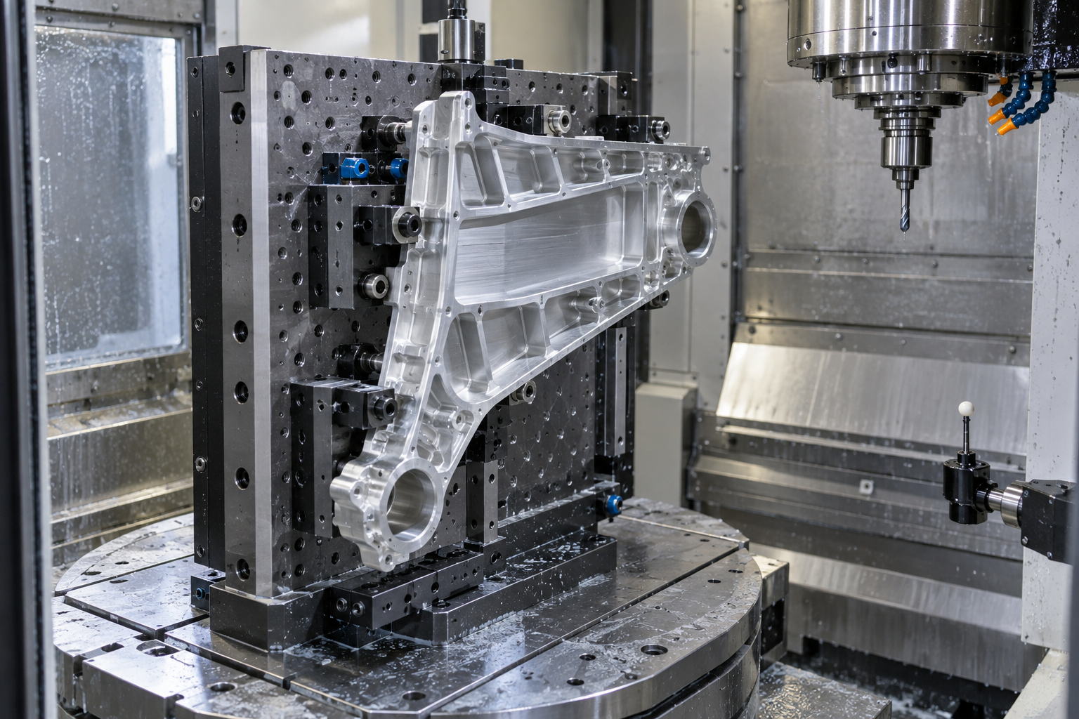 Concept rendering of an aluminum component secured in a modular machining fixture