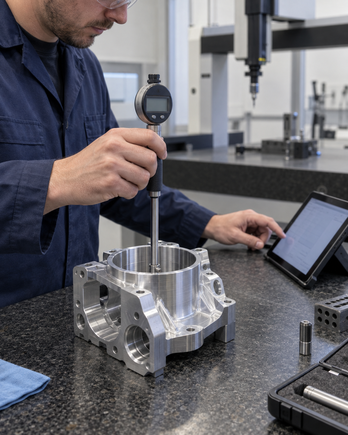 Concept rendering of a technician performing dimensional inspection on a machined component
