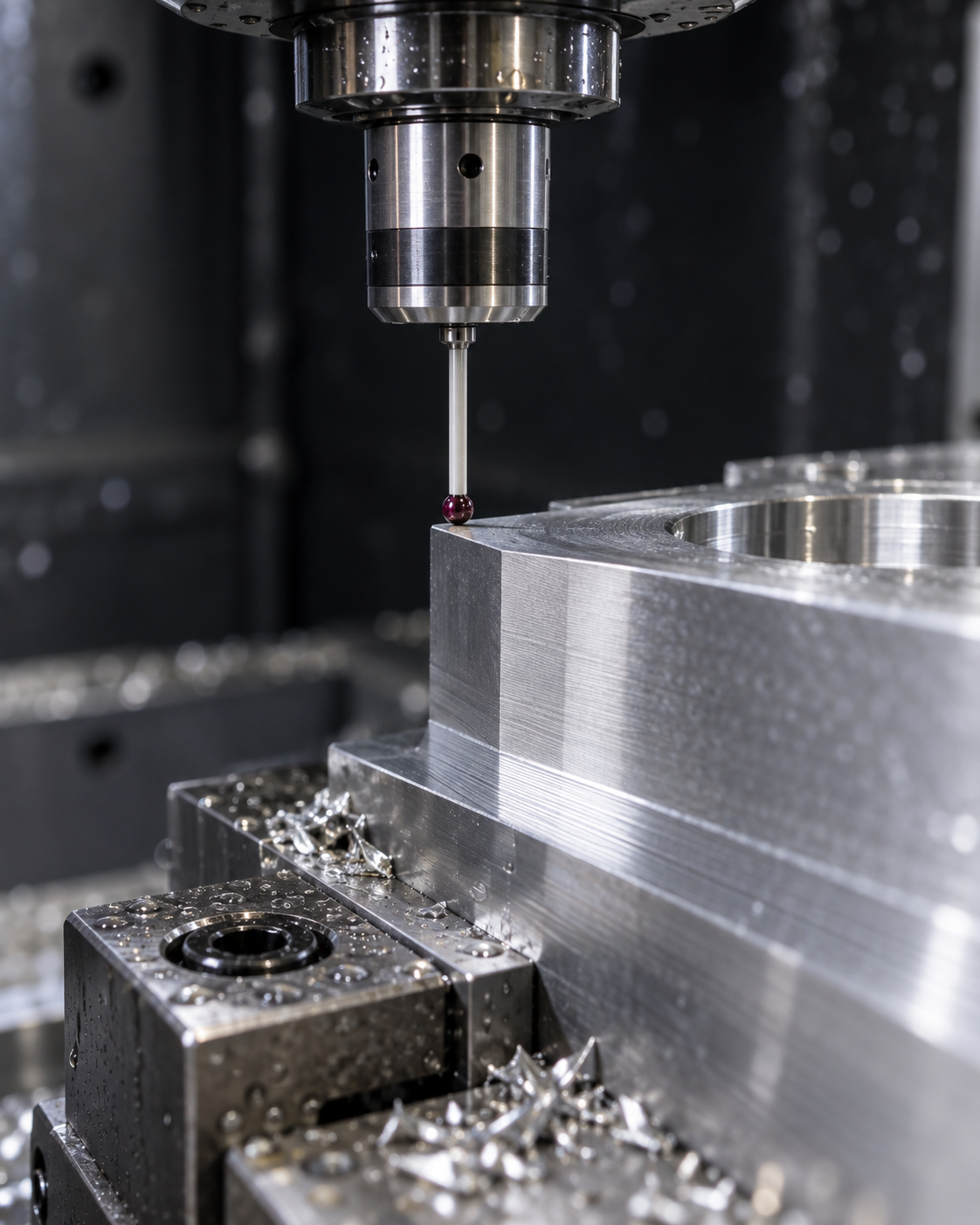 Concept macro rendering of a CNC touch probe approaching an aluminum datum surface