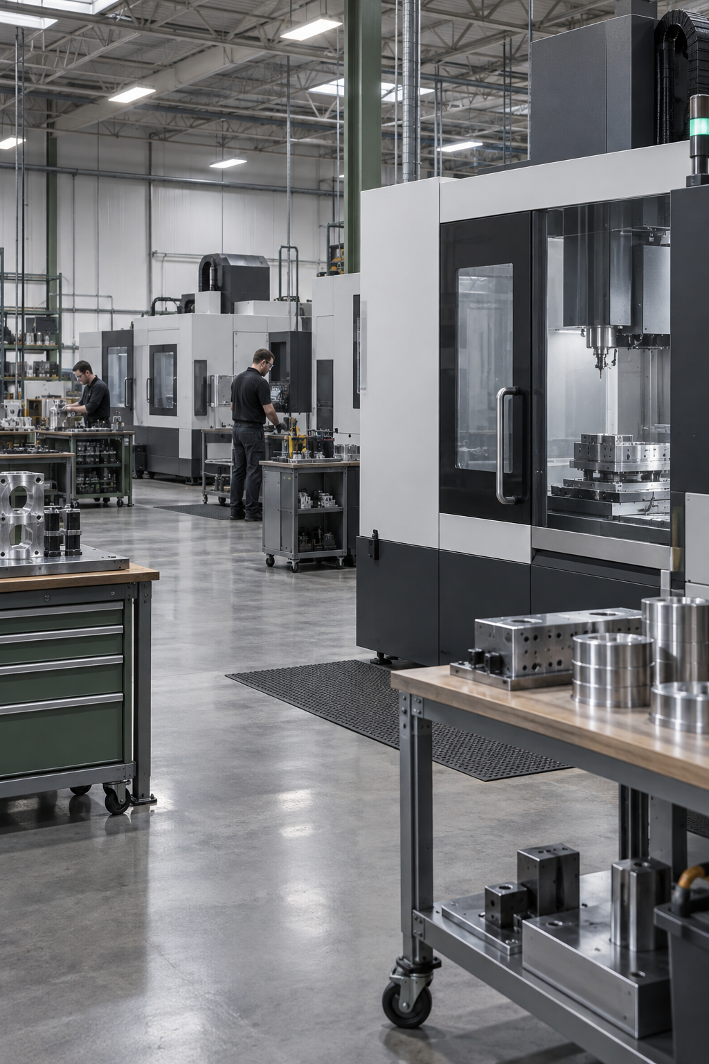 Concept image of a clean precision manufacturing floor with enclosed CNC machining centres